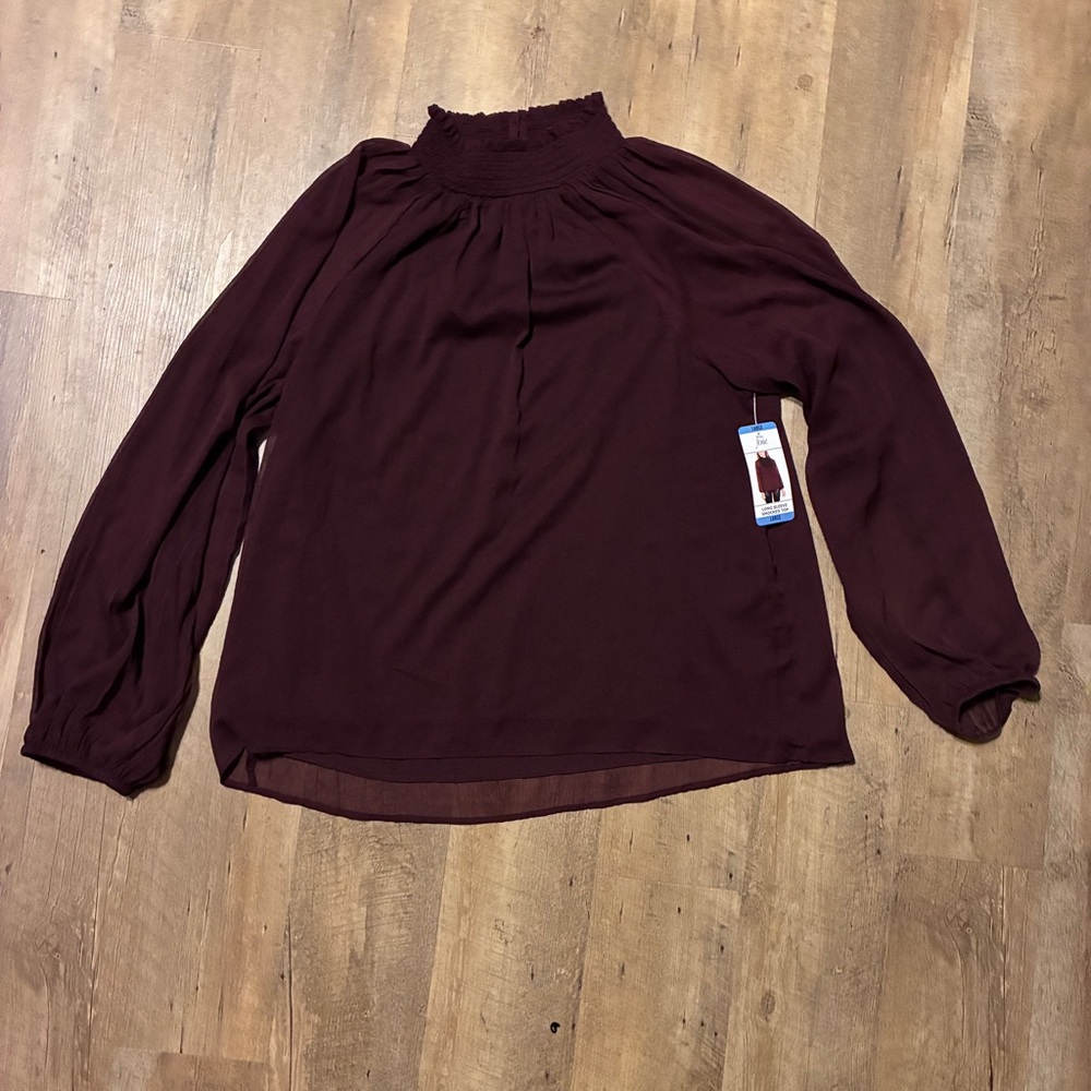 Joie High-Neck Long-Sheer Sleeve Blouse - Burgundy